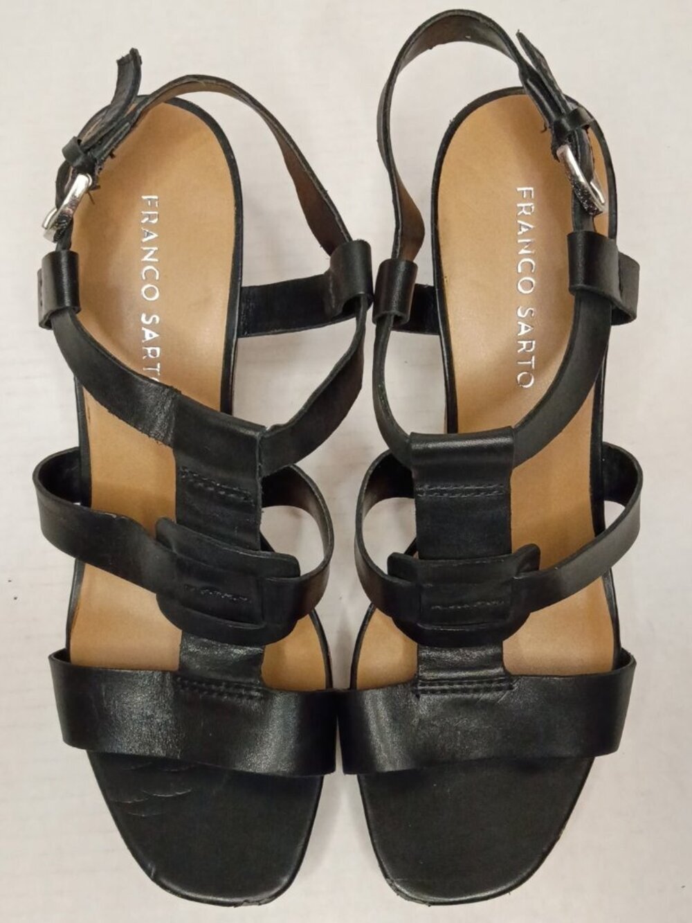 Franco Sarto Cera Black Leather Strappy Cork Wedge Sandals Size Women's 9.5 M